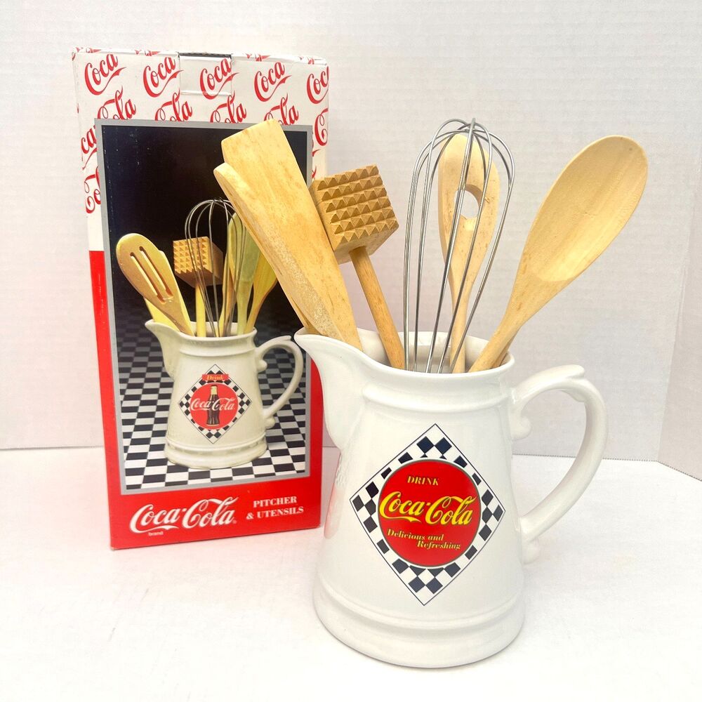 Coca-Cola 1995 Enesco Ceramic Pitcher & Wooden Utensils Kitchen Set Vintage